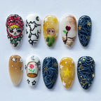 Fairy Lights Press On Nails, Cartoon Nails, Birthday Nails, Japanese Inspired Nails, Nara Nail Art, Medium Almond Nail Set, Fantasy Nails