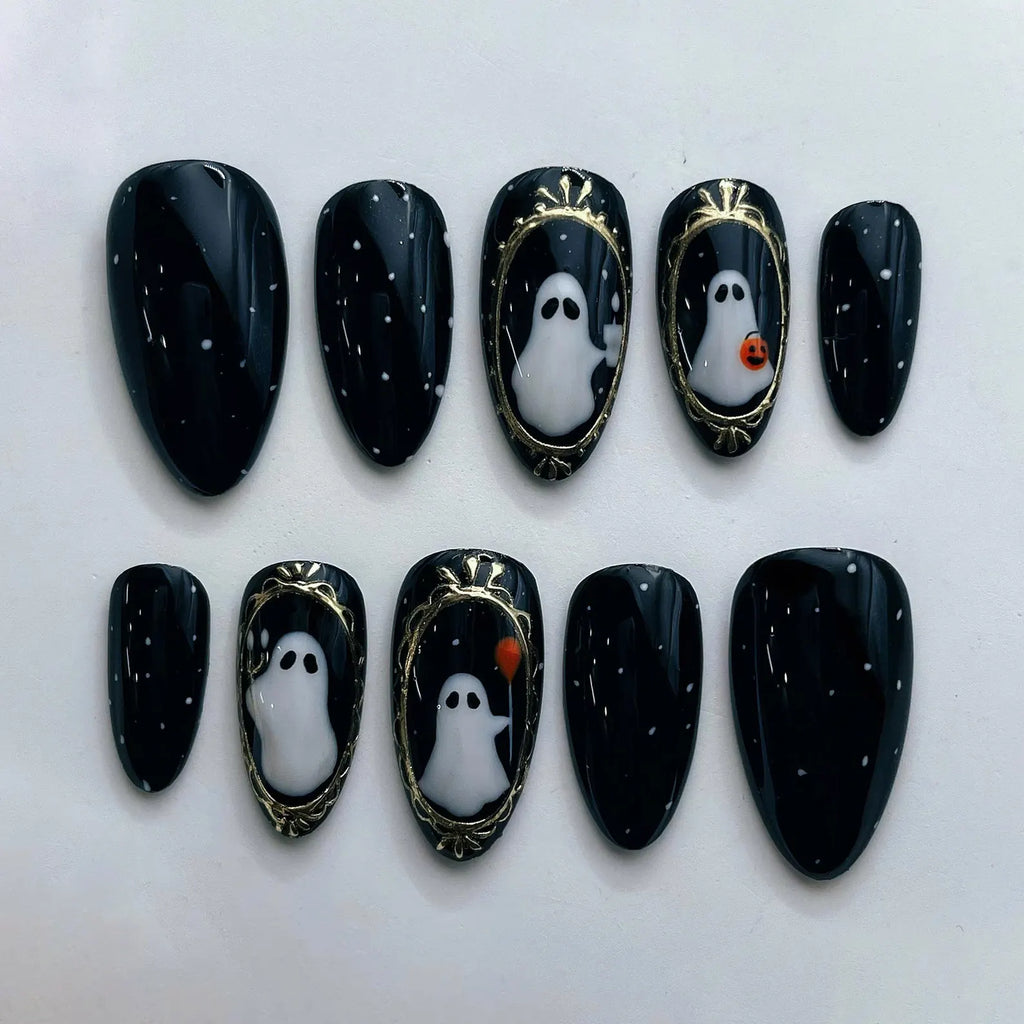 Halloween Haunted Portrait Cute Ghost Spooky Press on Nails - Gold Frame Black Festive Handmade Reusable Fake Fingernails