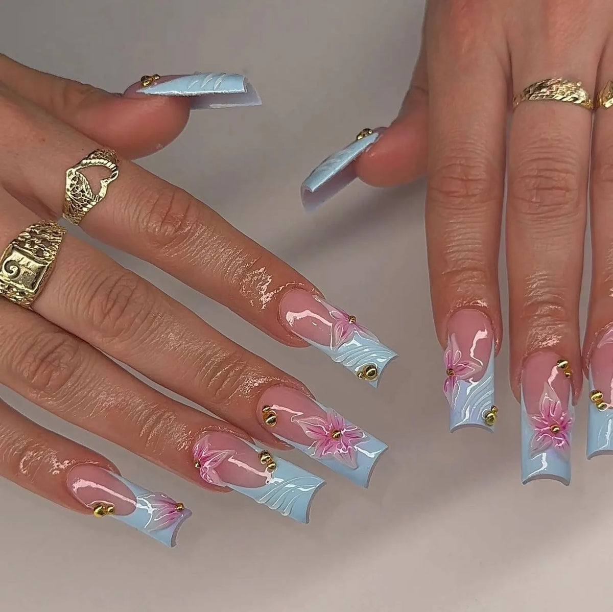 3D Floral Press On Nails: Baby Blue French Tip, Long Square Nail Set