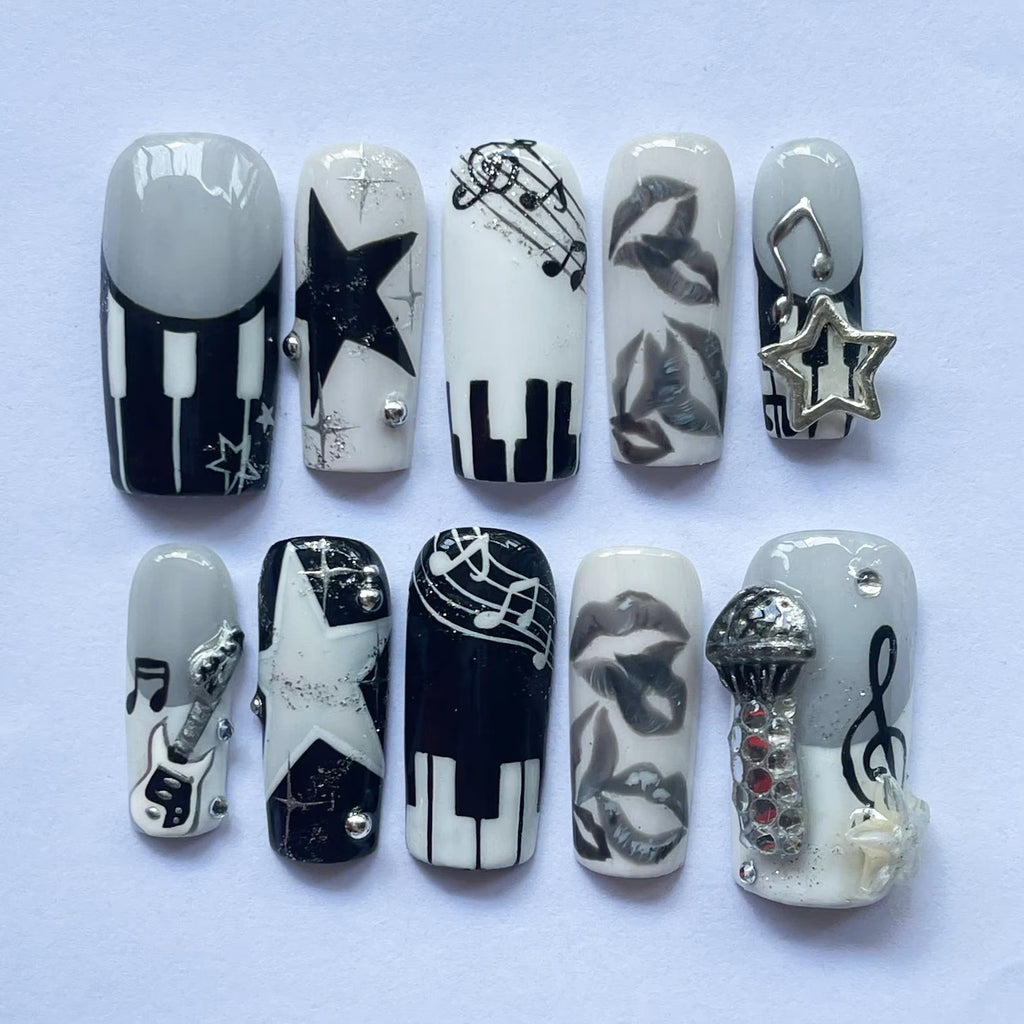 Unique Music Press On Nails, Square Nail Set with Black White Piano, Guitar & Microphone, Party Nail, Rock Star 3D Nail Set for Music Lovers