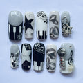 Unique Music Press On Nails, Square Nail Set with Black White Piano, Guitar & Microphone, Party Nail, Rock Star 3D Nail Set for Music Lovers