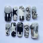 Unique Music Press On Nails, Square Nail Set with Black White Piano, Guitar & Microphone, Party Nail, Rock Star 3D Nail Set for Music Lovers