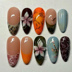 Handmade Autumn Floral Press On Nails | 3D Lilies, Leopard, Hand-Painted Branches & Nature Patterns | Almond Nails For Artful Fall Vibe