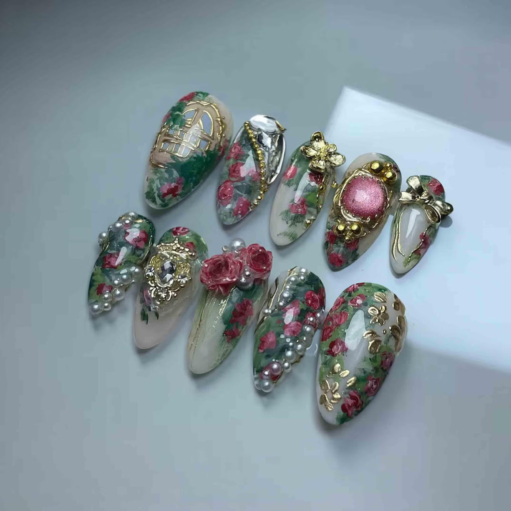 Handmade Vintage Floral Press On Nails | 3D Roses, Pearls, Gold Charms & Romantic Garden Motifs | Green Pink Almond Nails For Elegant Vibe