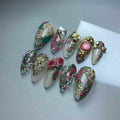 Handmade Vintage Floral Press On Nails | 3D Roses, Pearls, Gold Charms & Romantic Garden Motifs | Green Pink Almond Nails For Elegant Vibe