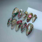 Handmade Vintage Floral Press On Nails | 3D Roses, Pearls, Gold Charms & Romantic Garden Motifs | Green Pink Almond Nails For Elegant Vibe