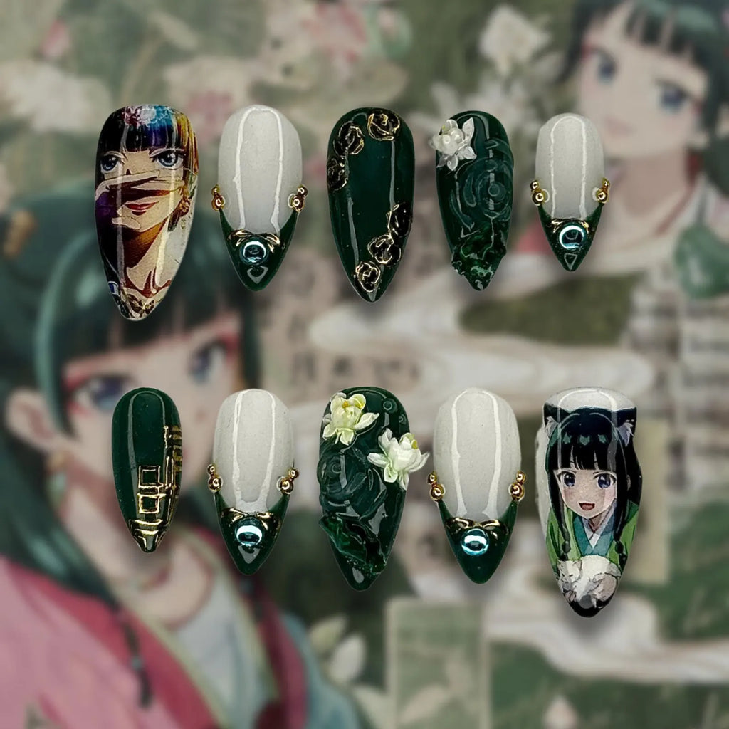 Maomao Anime Press On Nails: 3D Floral Cosplay Nail Art