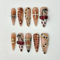 Fall Press On Nails with 3D Floral and Cherry Accents, Long Almond Tortoise Shell Nails in Neutral and Brown Tones for Autumn Look