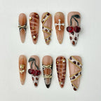 Fall Press On Nails with 3D Floral and Cherry Accents, Long Almond Tortoise Shell Nails in Neutral and Brown Tones for Autumn Look
