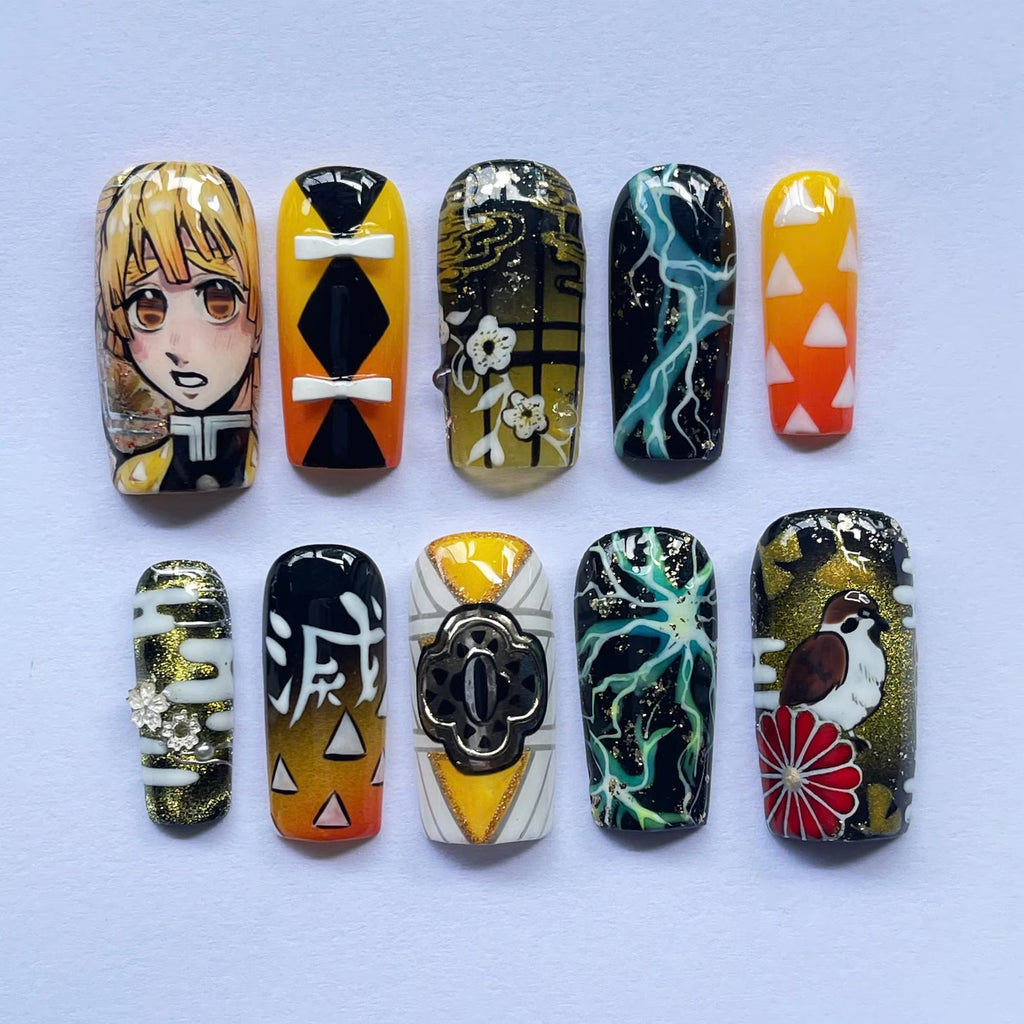 Unique Zenitsu Inspired Press On Nails, Anime Cosplay Fake Nails, Demon Slayer Nail Art, Handmade Japanese Cartoon Nail Set, Gift for Fans.