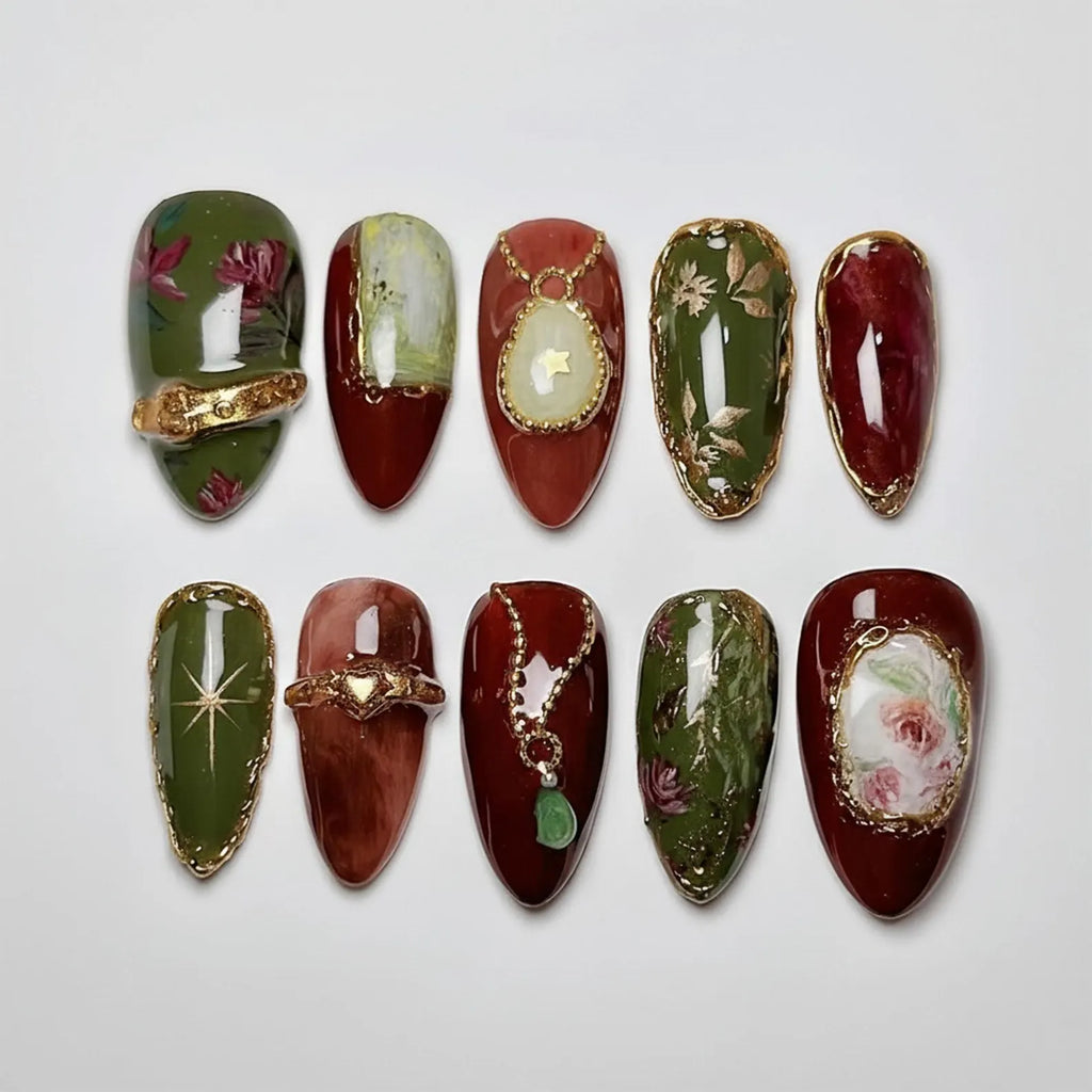 Handmade Vintage Floral Press On Nails | Green and Burgundy with Gold Frame, Pearl & Gem Details | Long Almond Nails For Elegant Fall Vibe