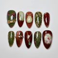 Handmade Vintage Floral Press On Nails | Green and Burgundy with Gold Frame, Pearl & Gem Details | Long Almond Nails For Elegant Fall Vibe