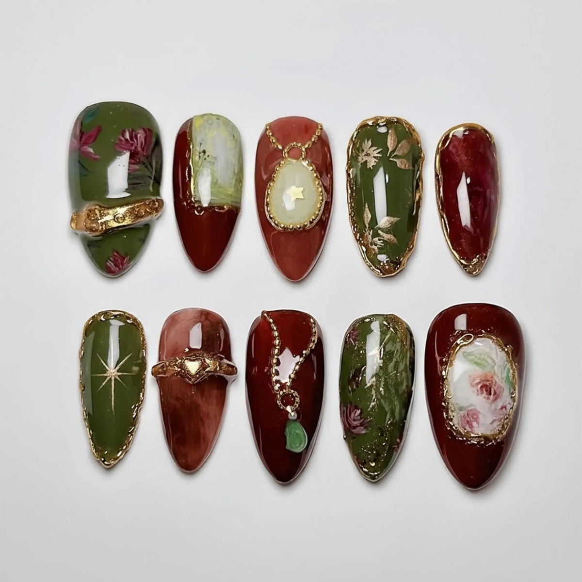 Handmade Vintage Floral Press On Nails | Green and Burgundy with Gold Frame, Pearl & Gem Details | Long Almond Nails For Elegant Fall Vibe