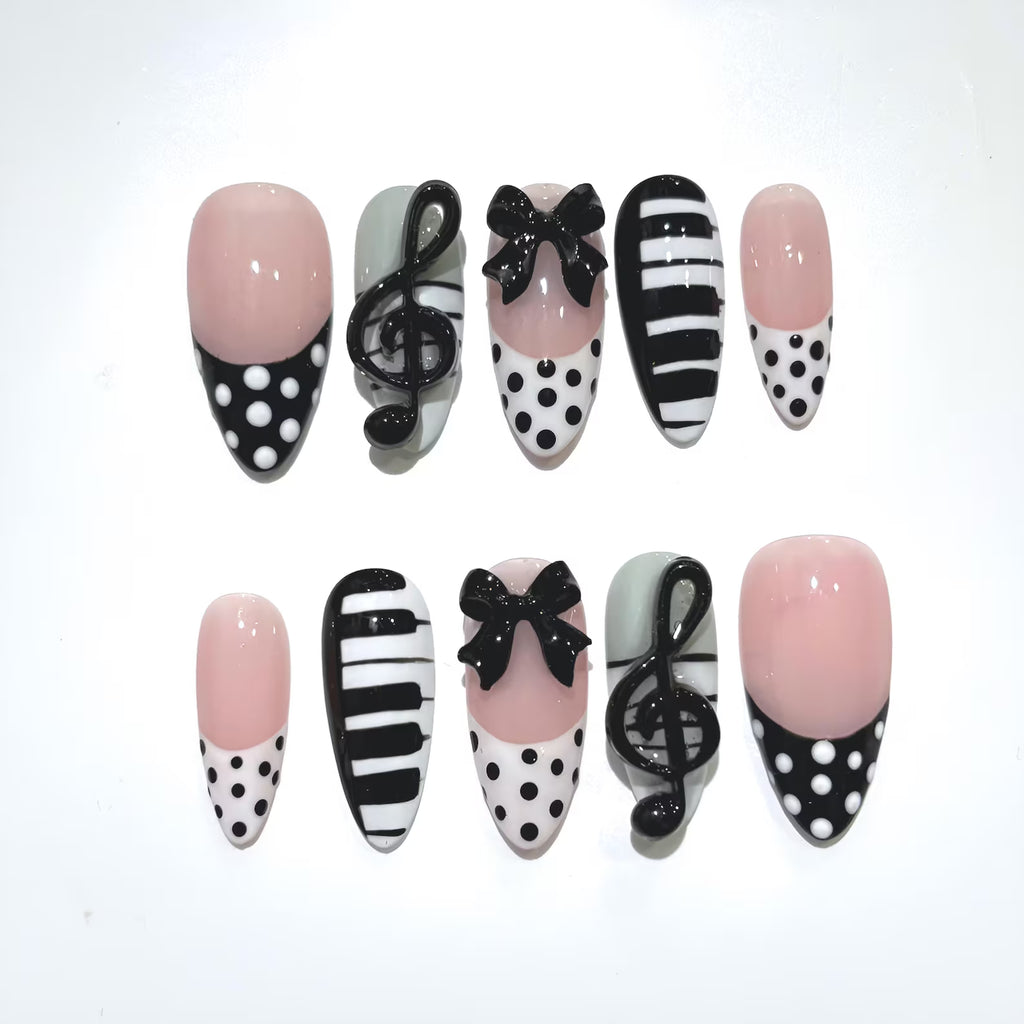 Musical Piano Press On Nails: 3D Bows, Polka Dot Coquette Nail Art