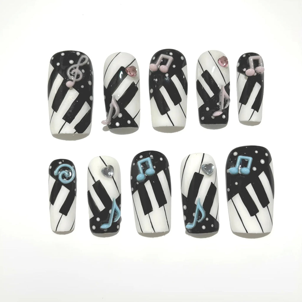 Piano Keys Press On Nails: 3D Music Note Art, Handmade Black & White