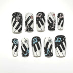 Piano Keys Press On Nails: 3D Music Note Art, Handmade Black & White