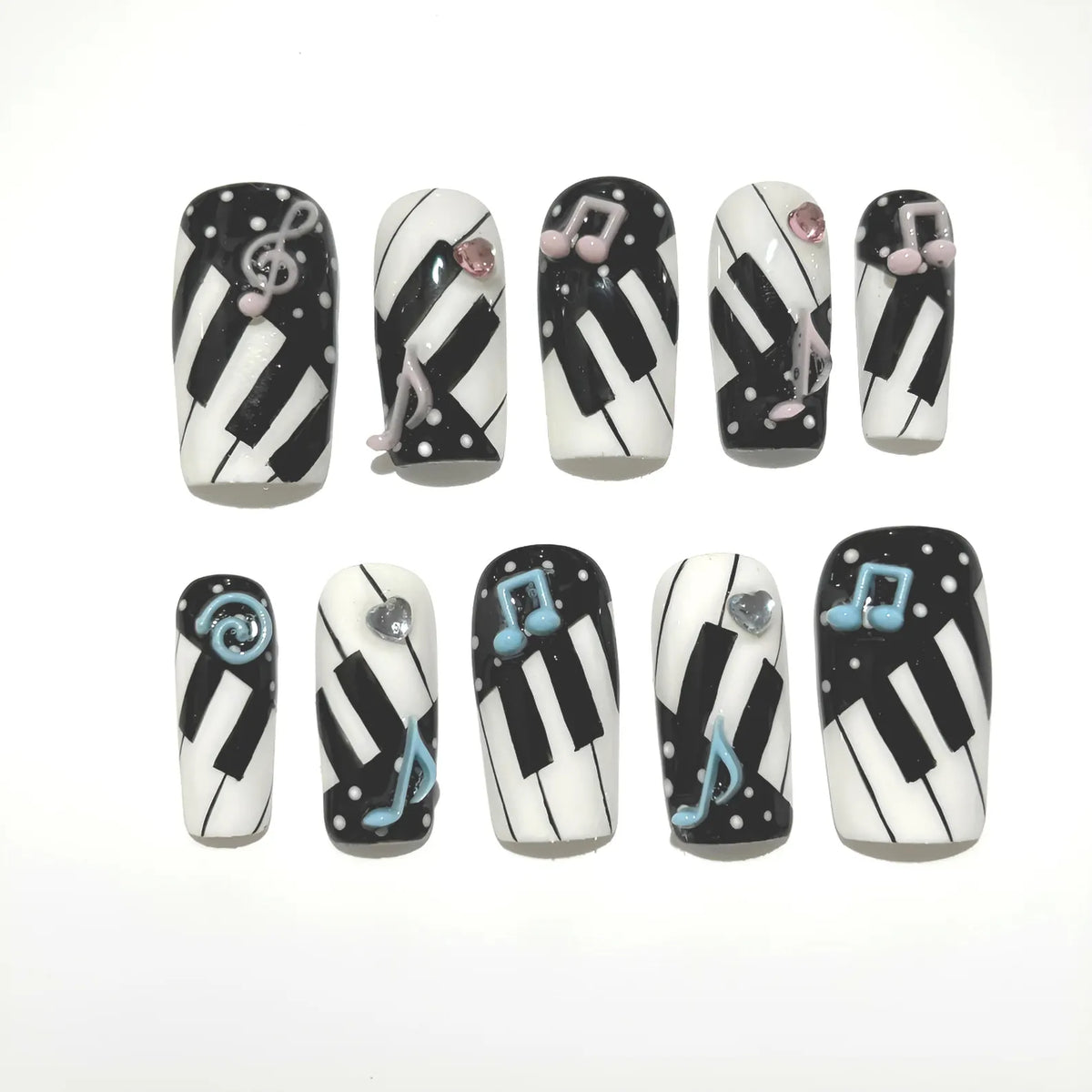 Piano Keys Press On Nails: 3D Music Note Art, Handmade Black & White