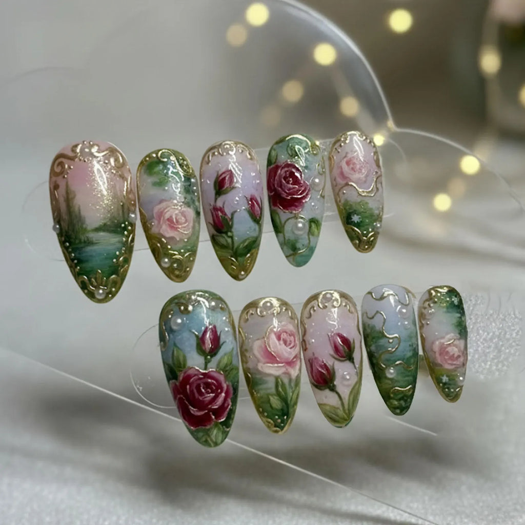 Handmade Rose Garden Press On Nails | Pearls & Gold Accents