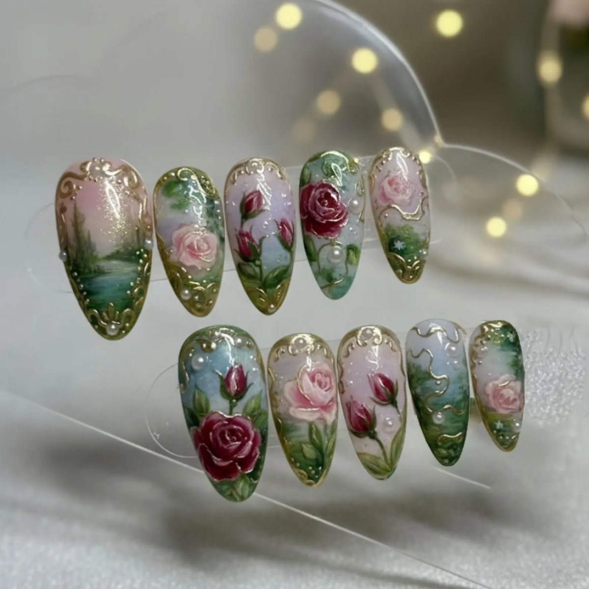 Handmade Rose Garden Press On Nails | Pearls & Gold Accents