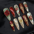 Handmade Elegant Gothic Rose Press On Nails | Red & Gold 3D Floral Design | Long Nails For Romantic Vintage Vibe