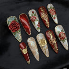 Handmade Elegant Gothic Rose Press On Nails | Red & Gold 3D Floral Design | Long Nails For Romantic Vintage Vibe