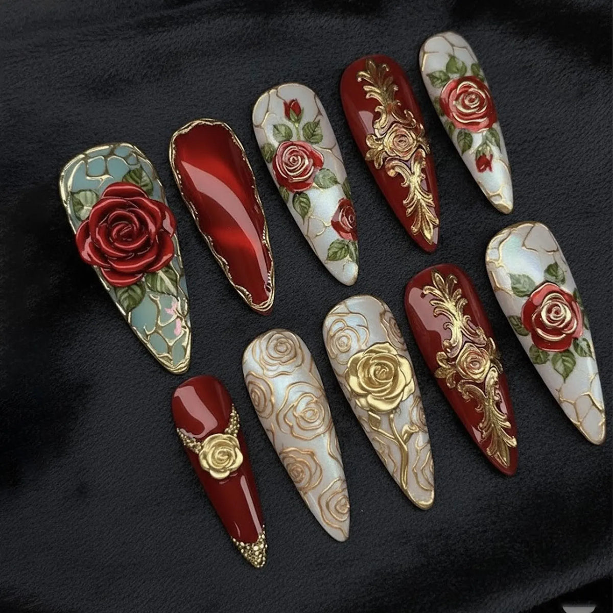 Handmade Elegant Gothic Rose Press On Nails | Red & Gold 3D Floral Design | Long Nails For Romantic Vintage Vibe