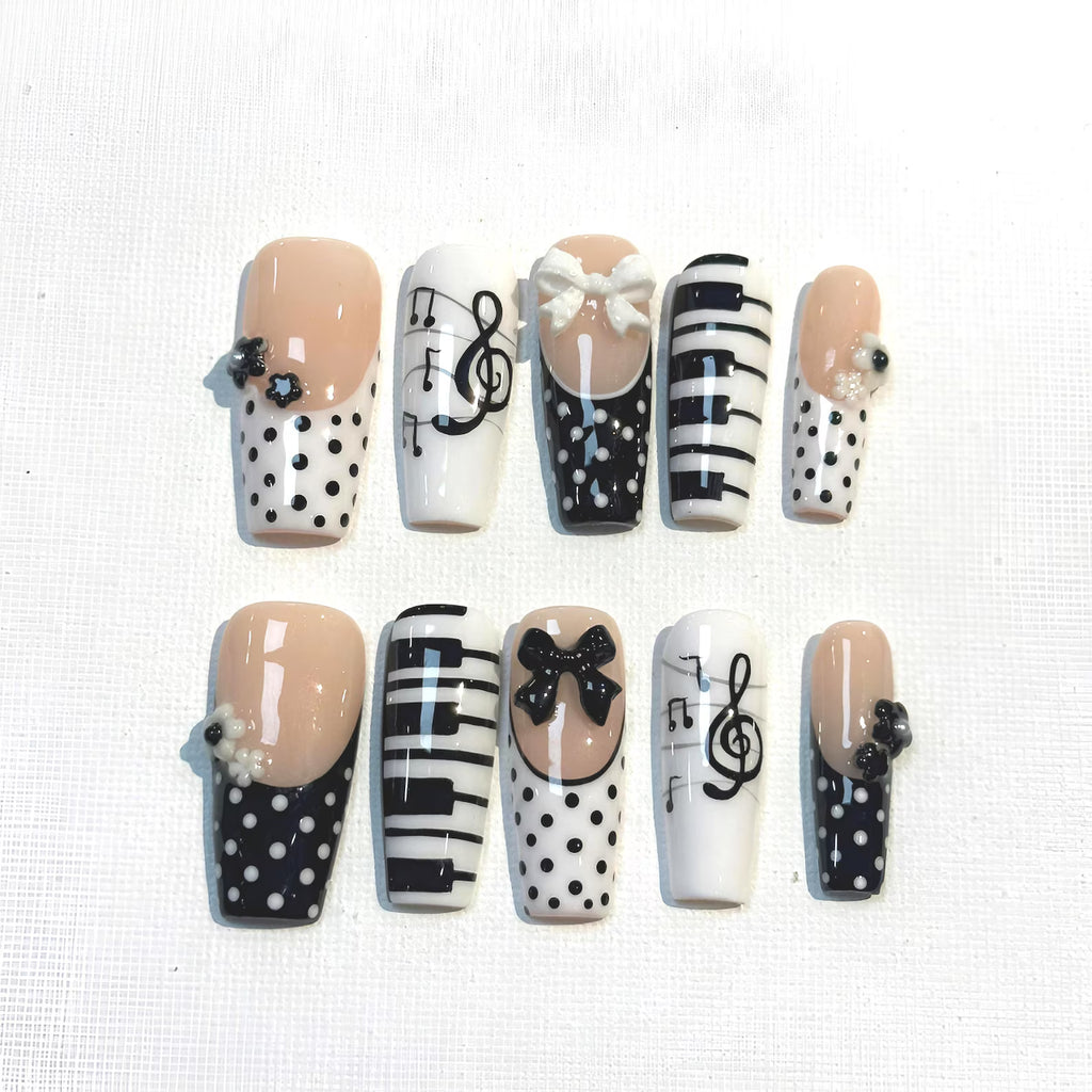 Musical Piano Press On Nails: 3D Bows & Treble Clef Art