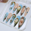 Winter Angel Press On Nails with Blue and Gold Baroque Design | Handmade Long Almond Nails | Vintage Art Nail Set for Christmas or Gift