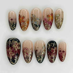 Handmade Autumn Bloom Press On Nails | Gradient Florals with Gold Leaf Outlines & Gem Accents | Almond Nails For Elegant Fall Vibes