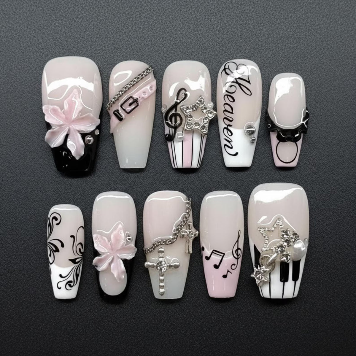 Handmade Heaven Melody Press On Nails | 3D Flowers, Piano Keys & Silver Cross Charms | Nails For Elegant Gothic Vibes