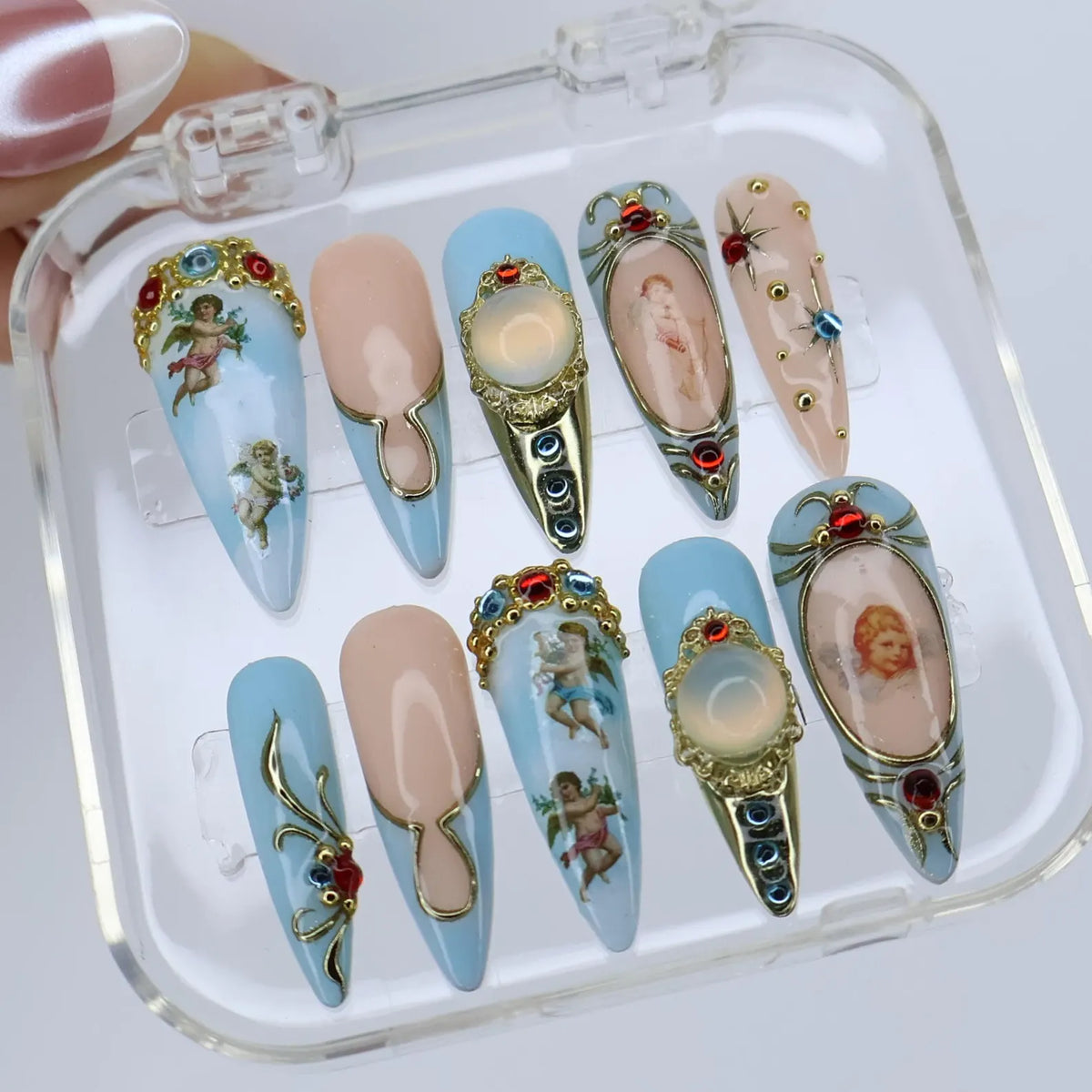 Winter Angel Press On Nails with Blue and Gold Baroque Design | Handmade Long Almond Nails | Vintage Art Nail Set for Christmas or Gift