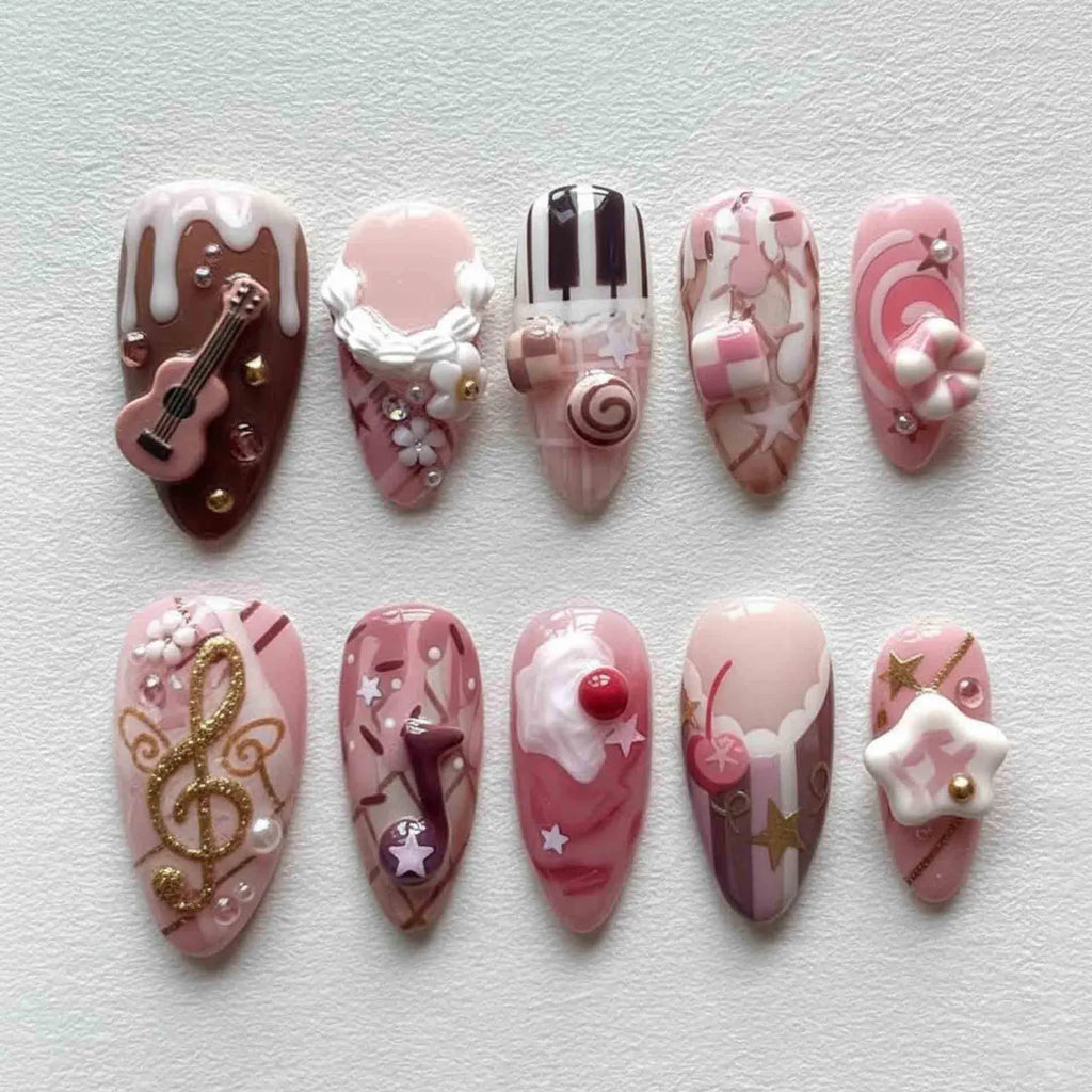 Handmade Sweet Music Press On Nails | Guitar, Piano Keys, Candy Swirls & 3D Notes | Almond Nails For Playful Cozy Vibes