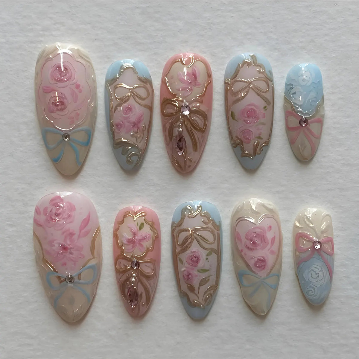 Rococo Floral Bow Press On Nails, Hand Painted Pastel Pink and Blue Roses, Vintage Princesscore Nails, Romantic Art Nails, Wedding nails