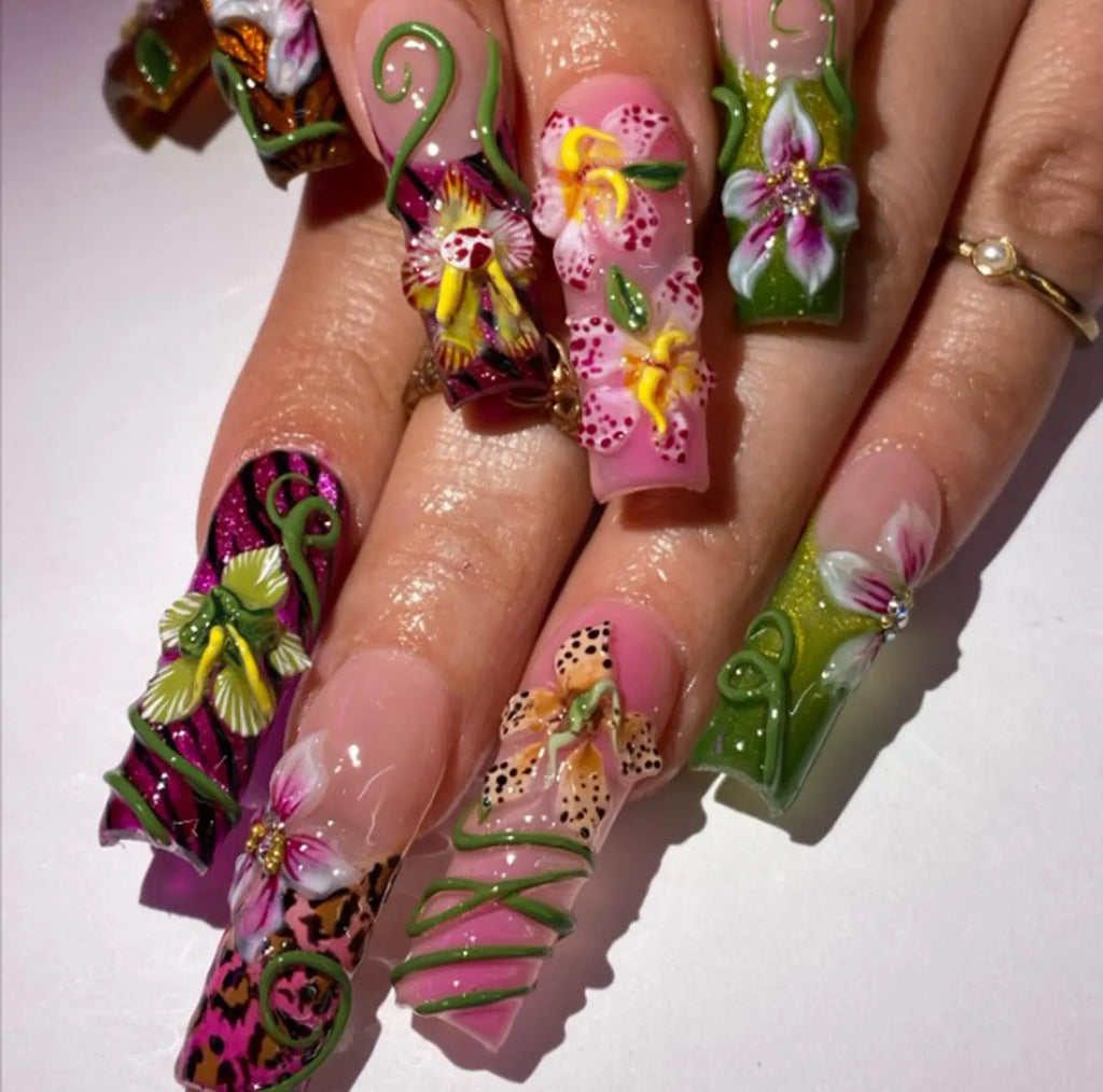 Handmade Tropical Flower Press On Nails | 3D Orchids, Jungle Vines, Leopard Accents & Bright Colors | Long Square Nails For Exotic Bold Vibe