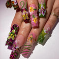 Handmade Tropical Flower Press On Nails | 3D Orchids, Jungle Vines, Leopard Accents & Bright Colors | Long Square Nails For Exotic Bold Vibe