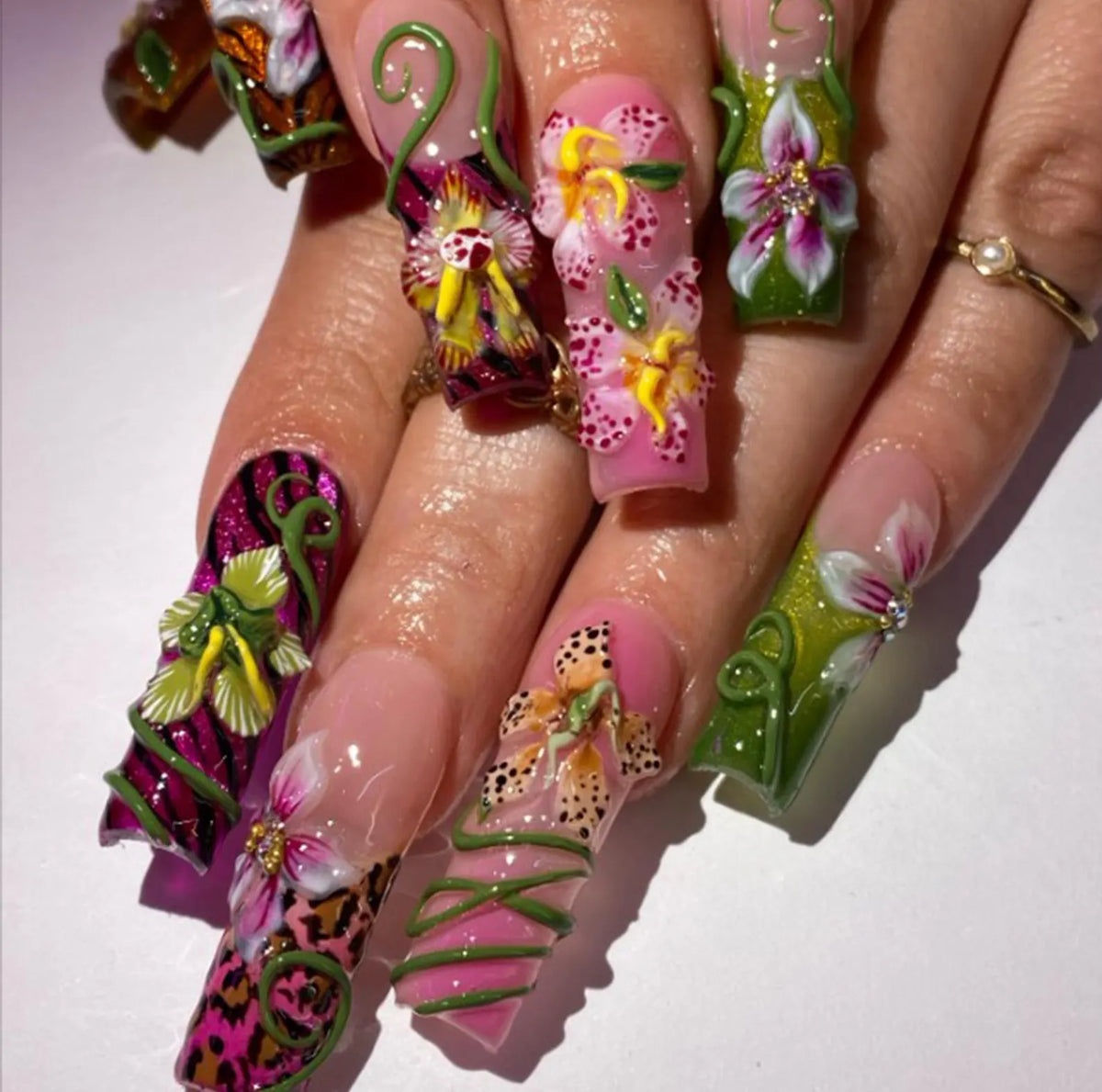 Handmade Tropical Flower Press On Nails | 3D Orchids, Jungle Vines, Leopard Accents & Bright Colors | Long Square Nails For Exotic Bold Vibe