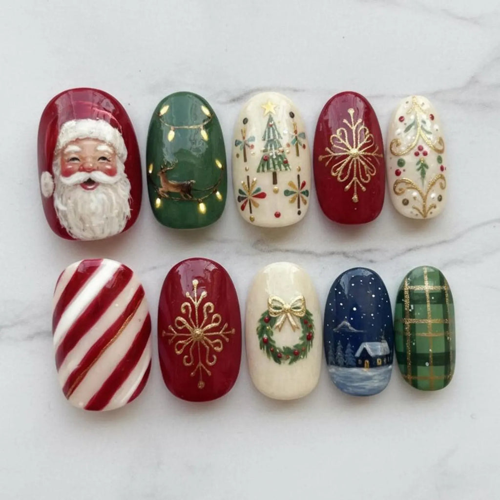 Christmas Press On Nails, Handmade Reusable Gel Nails, Full Cover False Nails, Festive Holiday Nail Design, Gift-Ready Nail Set