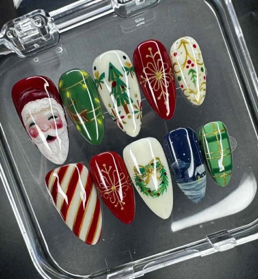 Christmas Press On Nails, Handmade Reusable Gel Nails, Full Cover False Nails, Festive Holiday Nail Design, Gift-Ready Nail Set
