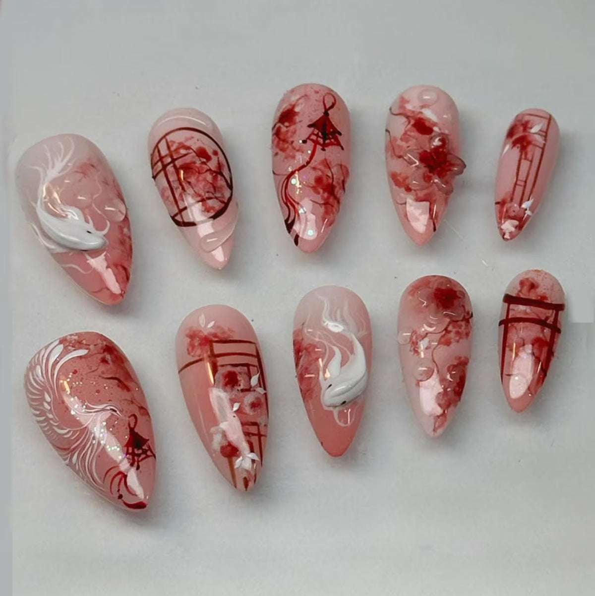 Handmade Sakura Koi Press On Nails | Red Blossoms, White Koi & Asian Art Details | Long Almond Nails For Elegant Romantic Vibes