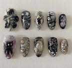 Handmade Gothic Cat Press On Nails | 3D Flower, Cat Cameo, Crescent Moons & Silver Bead | Almond Nails For Dark Romance Vibe