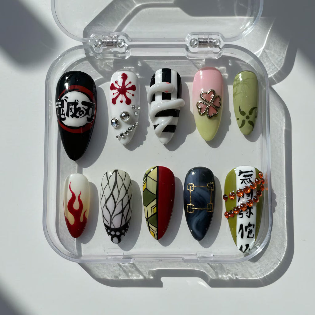 Hand-Painted Elemental Warrior Press On Nails | Japanese Anime Manga Fan Art Edition