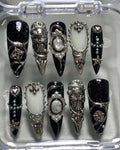 Gothic 3D Cross Press On Nails: Dark Chrome Star Nail Art