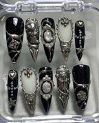 Gothic 3D Cross Press On Nails: Dark Chrome Star Nail Art