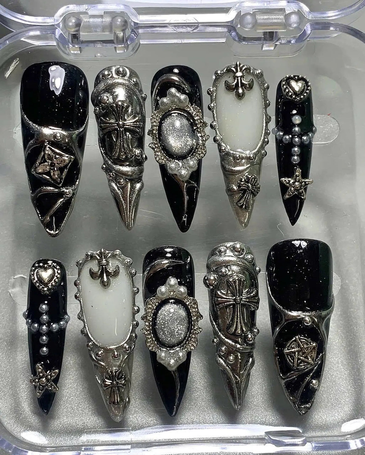 Gothic 3D Cross Press On Nails: Dark Chrome Star Nail Art