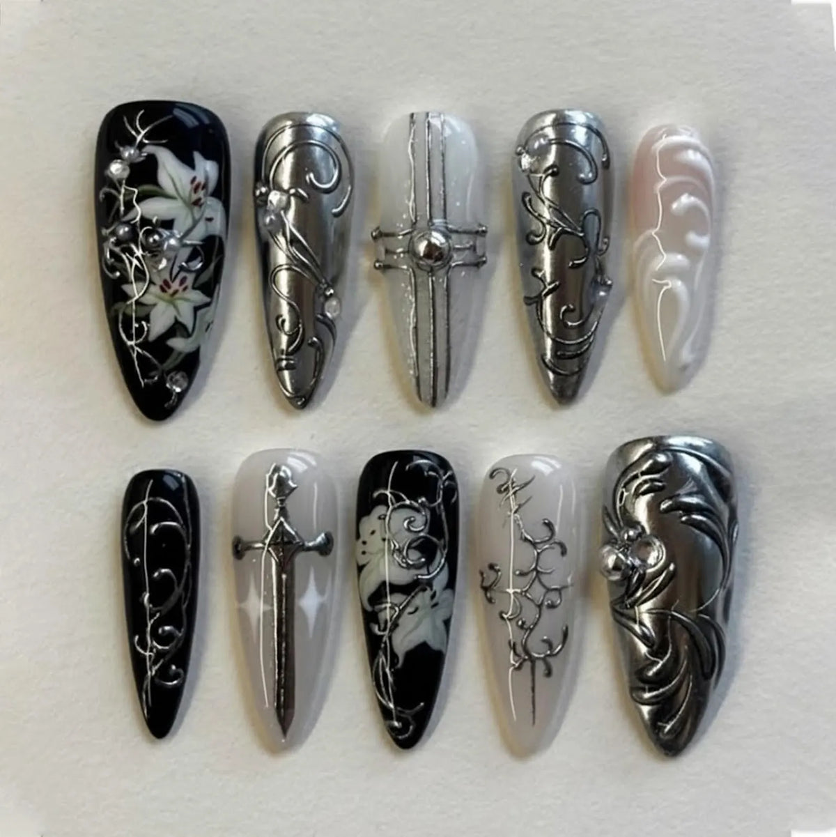 Handmade Gothic Silver Engraved Press On Nails with Cross, Sword Art and Metallic Florals
