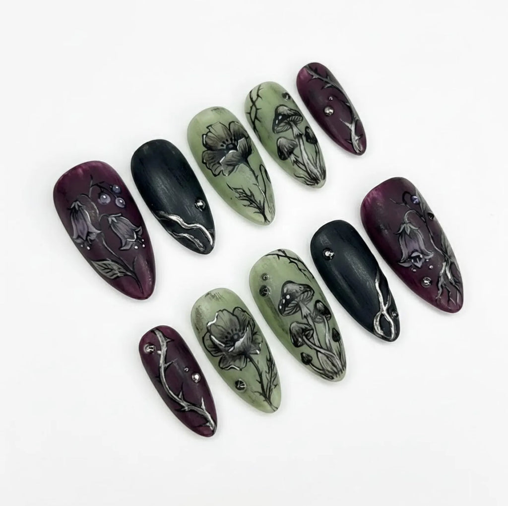 Handmade Gothic Floral Press On Nails, Dark Flower & Mushroom Art- Wine Purple Moss Green Palette, Almond Nails Mystic Vibes
