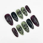 Handmade Gothic Floral Press On Nails, Dark Flower & Mushroom Art- Wine Purple Moss Green Palette, Almond Nails Mystic Vibes