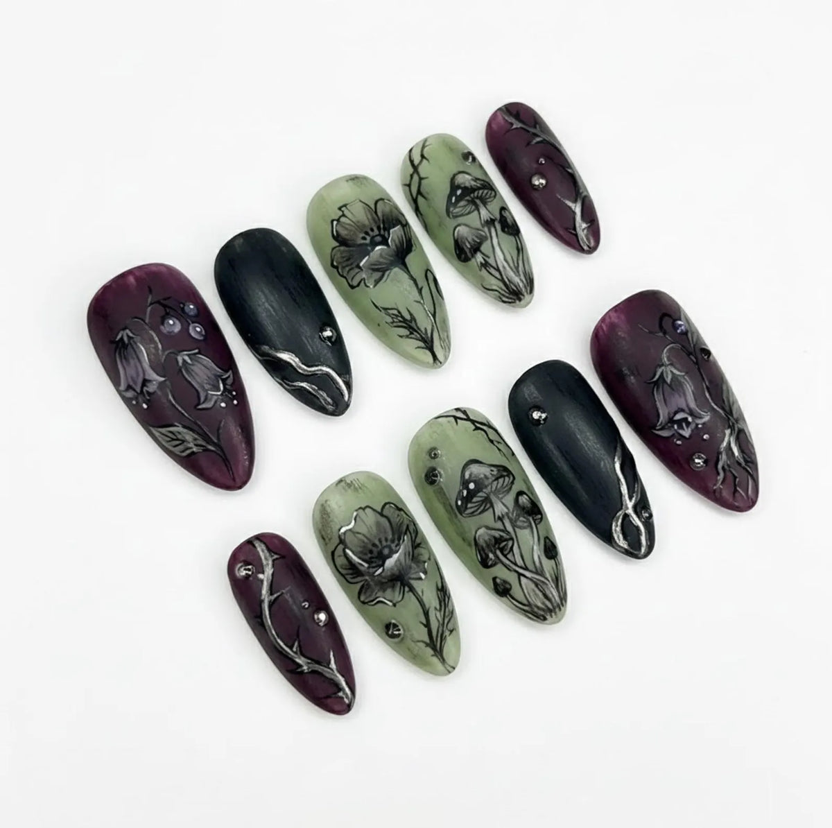 Handmade Gothic Floral Press On Nails, Dark Flower & Mushroom Art- Wine Purple Moss Green Palette, Almond Nails Mystic Vibes
