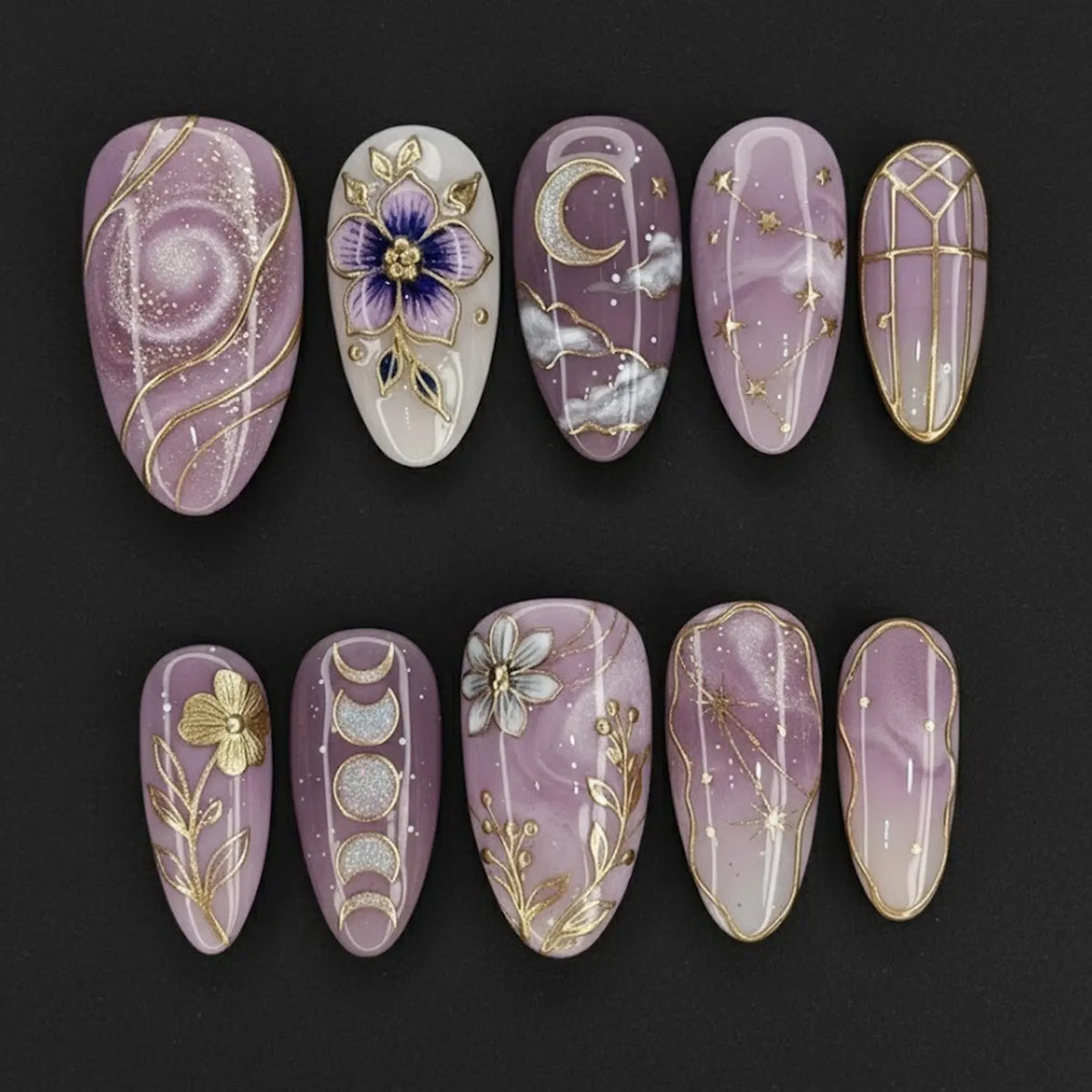 Handmade Lavender Celestial Press On Nails | Purple Marble, Gold Moon Phase & Floral Art | Oval Set