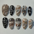 Handmade Music Theme Press On Nails | Treble Clef & Piano Keys Art | Long Almond Nails For Artistic Vibes